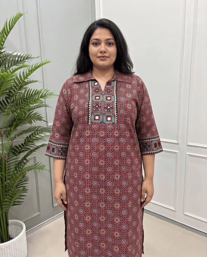 Kanishka Plus Size Mirror Work Ajrakh Rayon Long Kurti