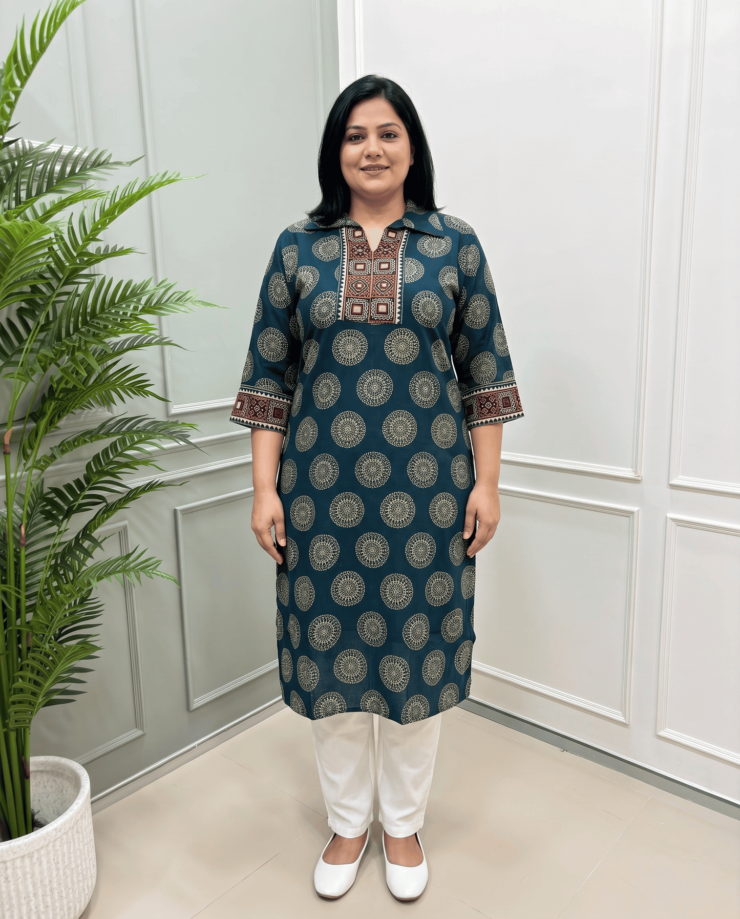 Kanishka Geomertic Plus Size Mirror Work Ajrakh Rayon Long Kurti