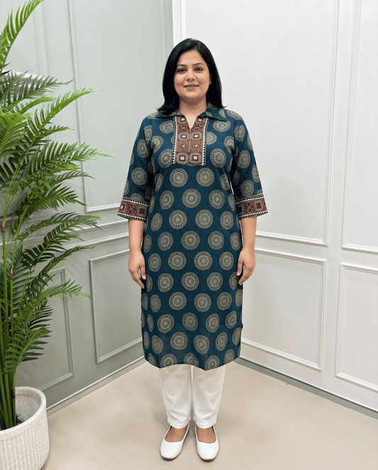 Kanishka Geomertic Plus Size Mirror Work Ajrakh Rayon Long Kurti