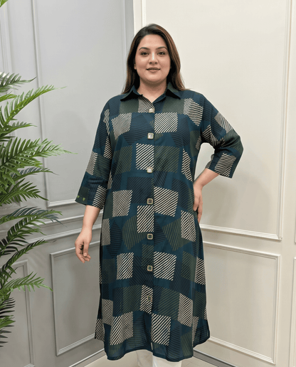 Shriya Plus Size Mirror Work Ajrakh Rayon A-line Long Kurti