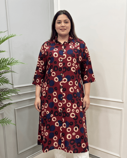 Shriya Plus Size Mirror Work Ajrakh Rayon A-line Long Kurti