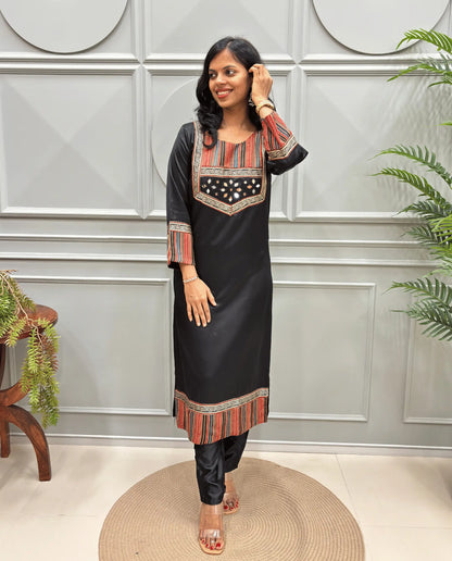 Noorani Mirror Work Ajrakh Mashru Silk Long Kurti