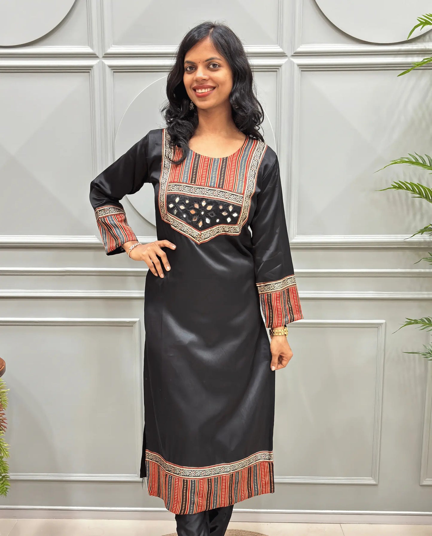 Noorani Mirror Work Ajrakh Mashru Silk Long Kurti