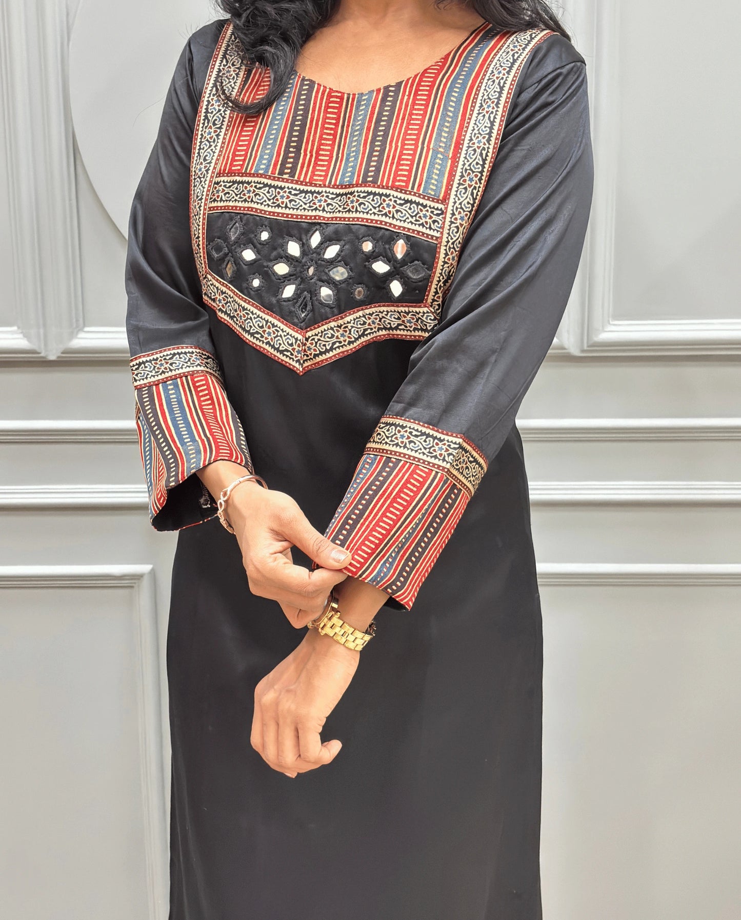 Noorani Mirror Work Ajrakh Mashru Silk Long Kurti
