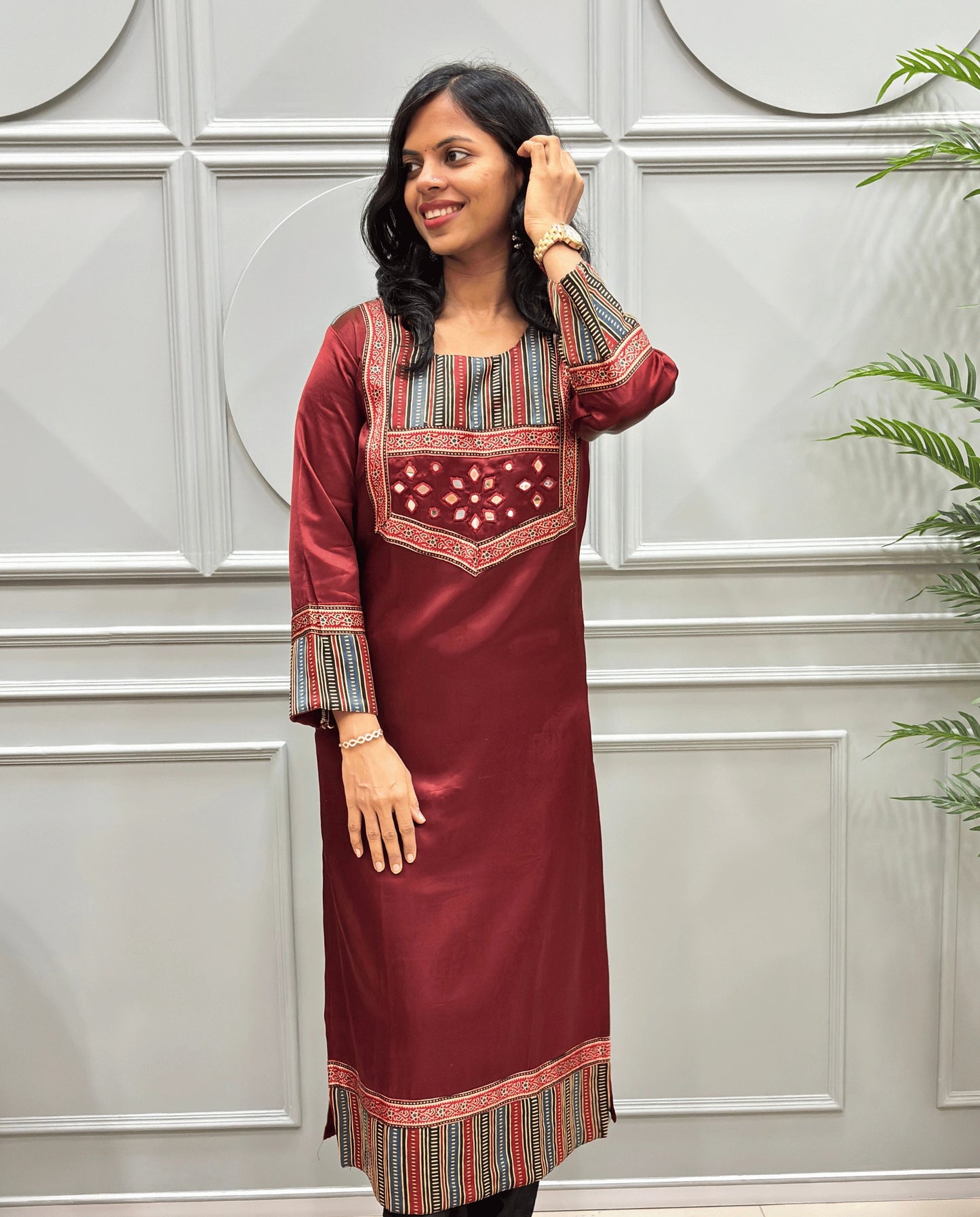 Noorani Mirror Work Ajrakh Mashru Silk Long Kurti