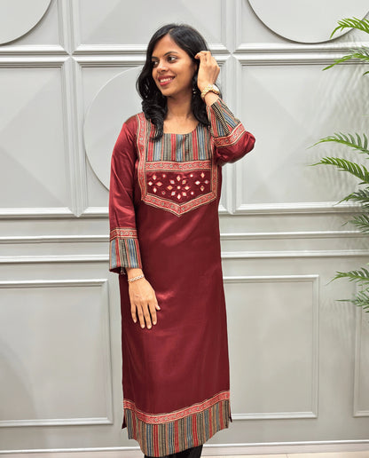 Noorani Mirror Work Ajrakh Mashru Silk Long Kurti