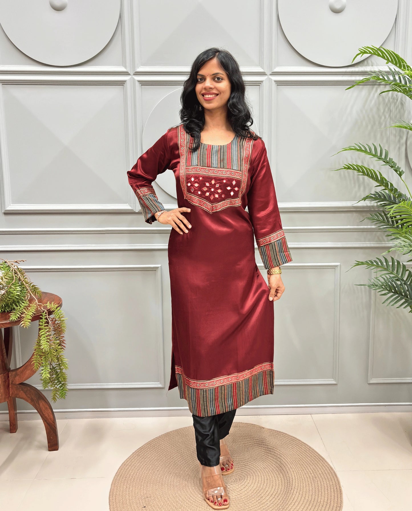 Noorani Mirror Work Ajrakh Mashru Silk Long Kurti
