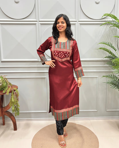 Noorani Mirror Work Ajrakh Mashru Silk Long Kurti