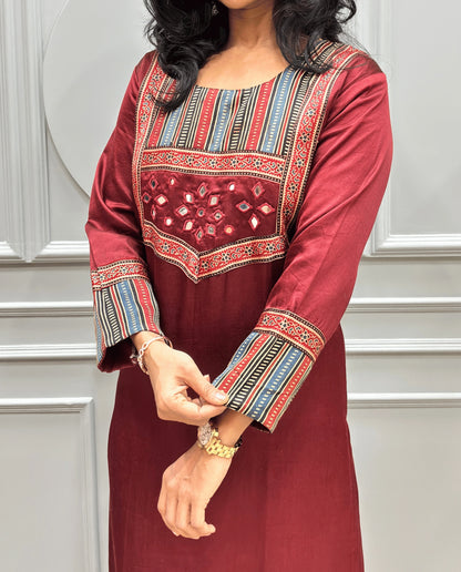 Noorani Mirror Work Ajrakh Mashru Silk Long Kurti