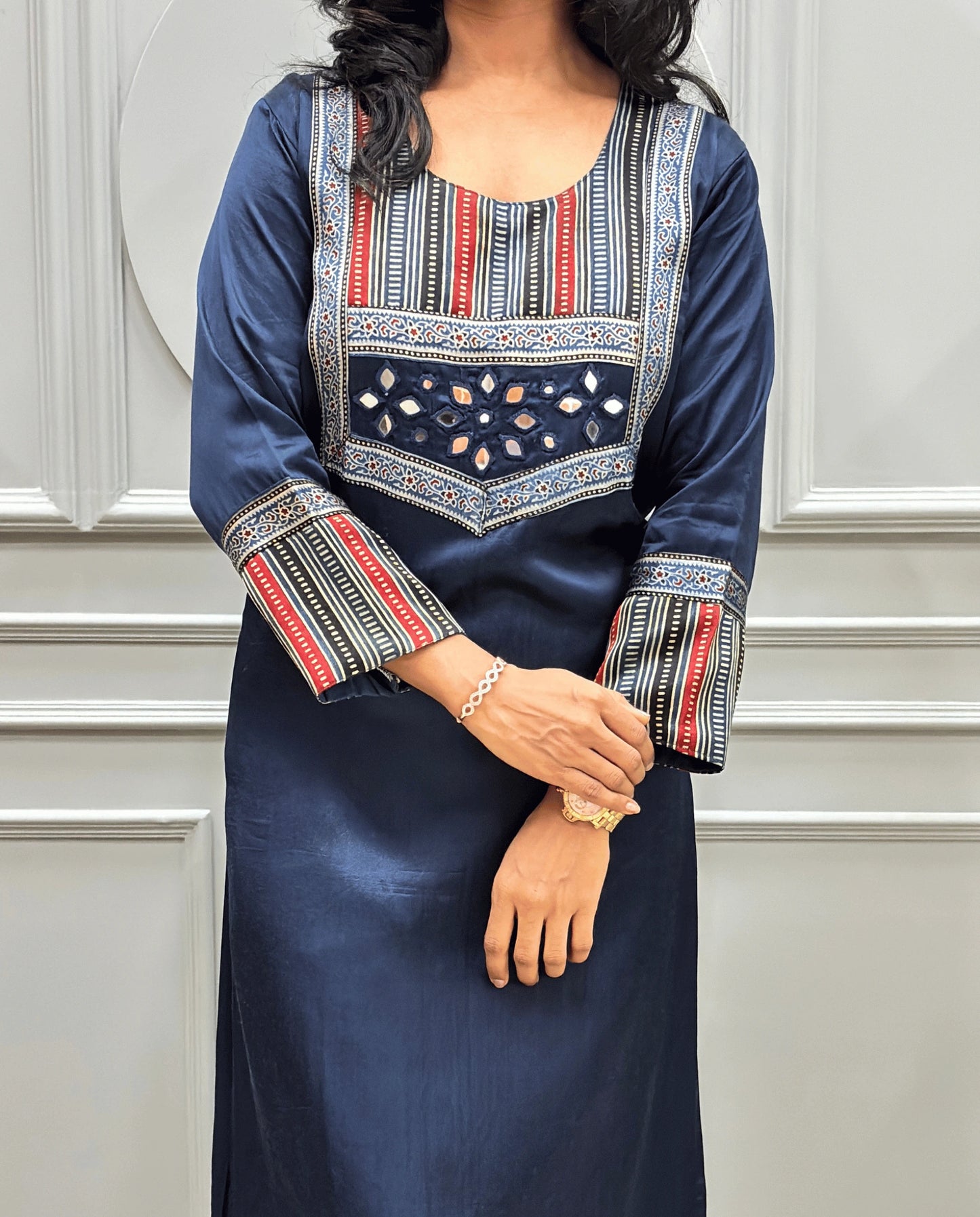 Noorani Mirror Work Ajrakh Mashru Silk Long Kurti
