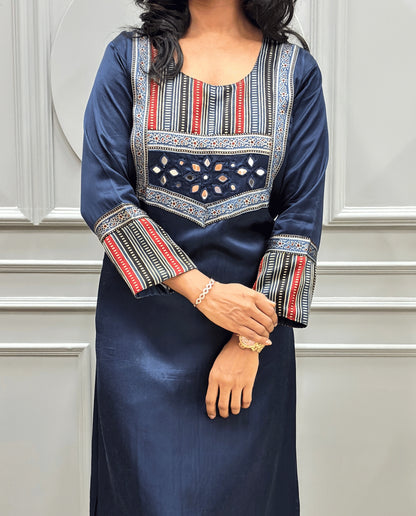 Noorani Mirror Work Ajrakh Mashru Silk Long Kurti