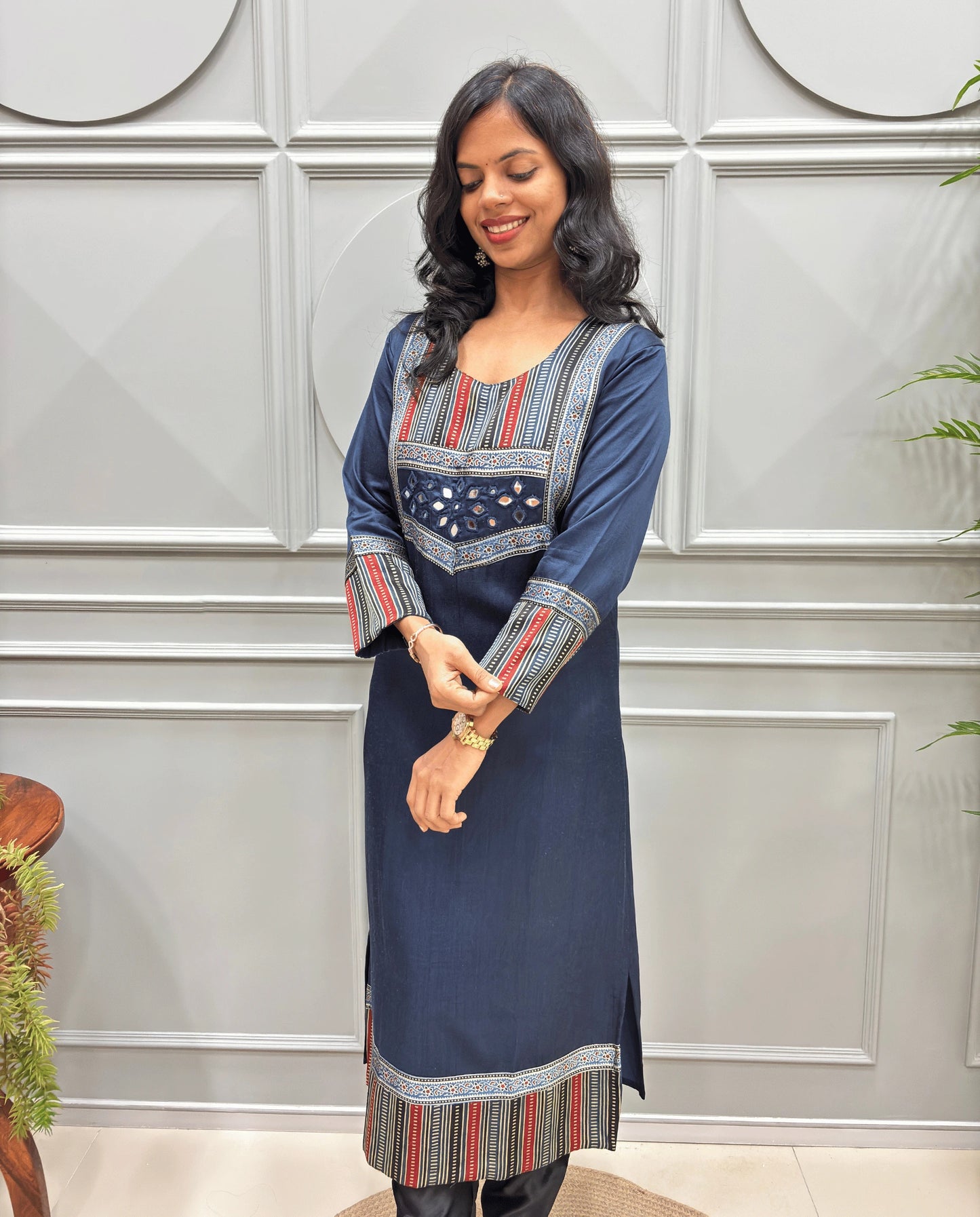 Noorani Mirror Work Ajrakh Mashru Silk Long Kurti