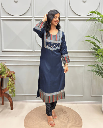 Noorani Mirror Work Ajrakh Mashru Silk Long Kurti