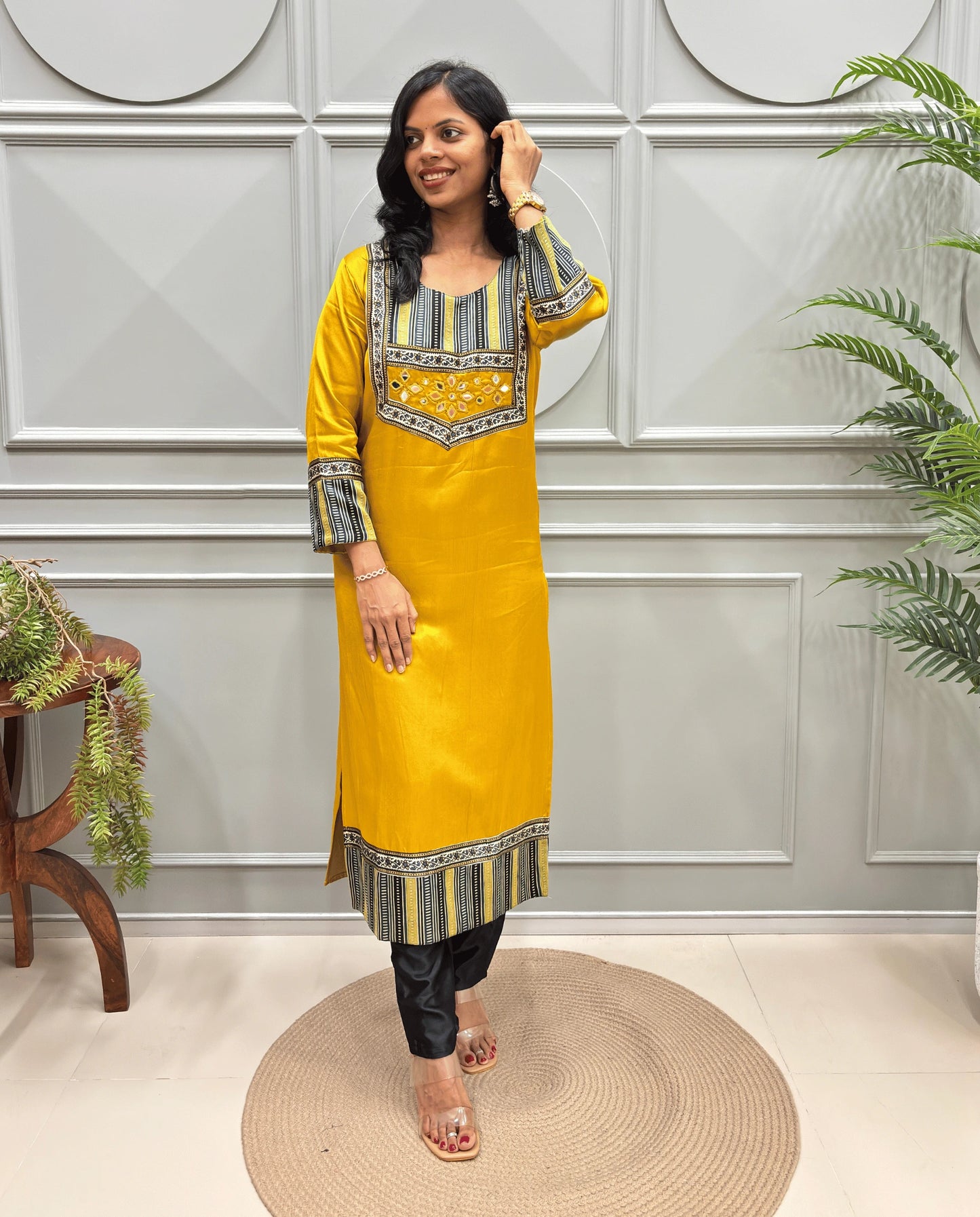 Noorani Mirror Work Ajrakh Mashru Silk Long Kurti