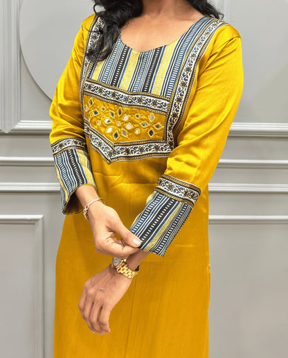 Noorani Mirror Work Ajrakh Mashru Silk Long Kurti