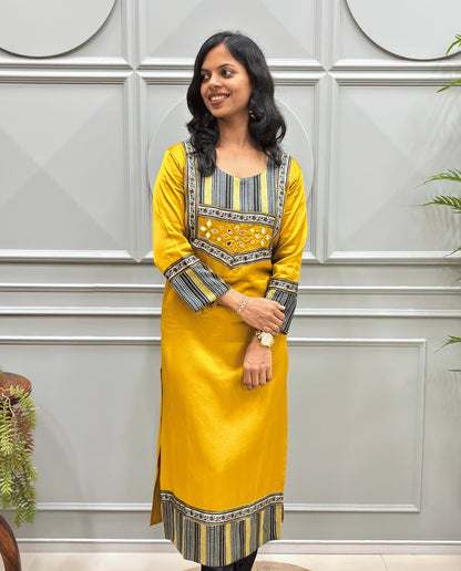 Noorani Mirror Work Ajrakh Mashru Silk Long Kurti