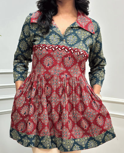 Mahira Peacock Ajrakh Short Kurti