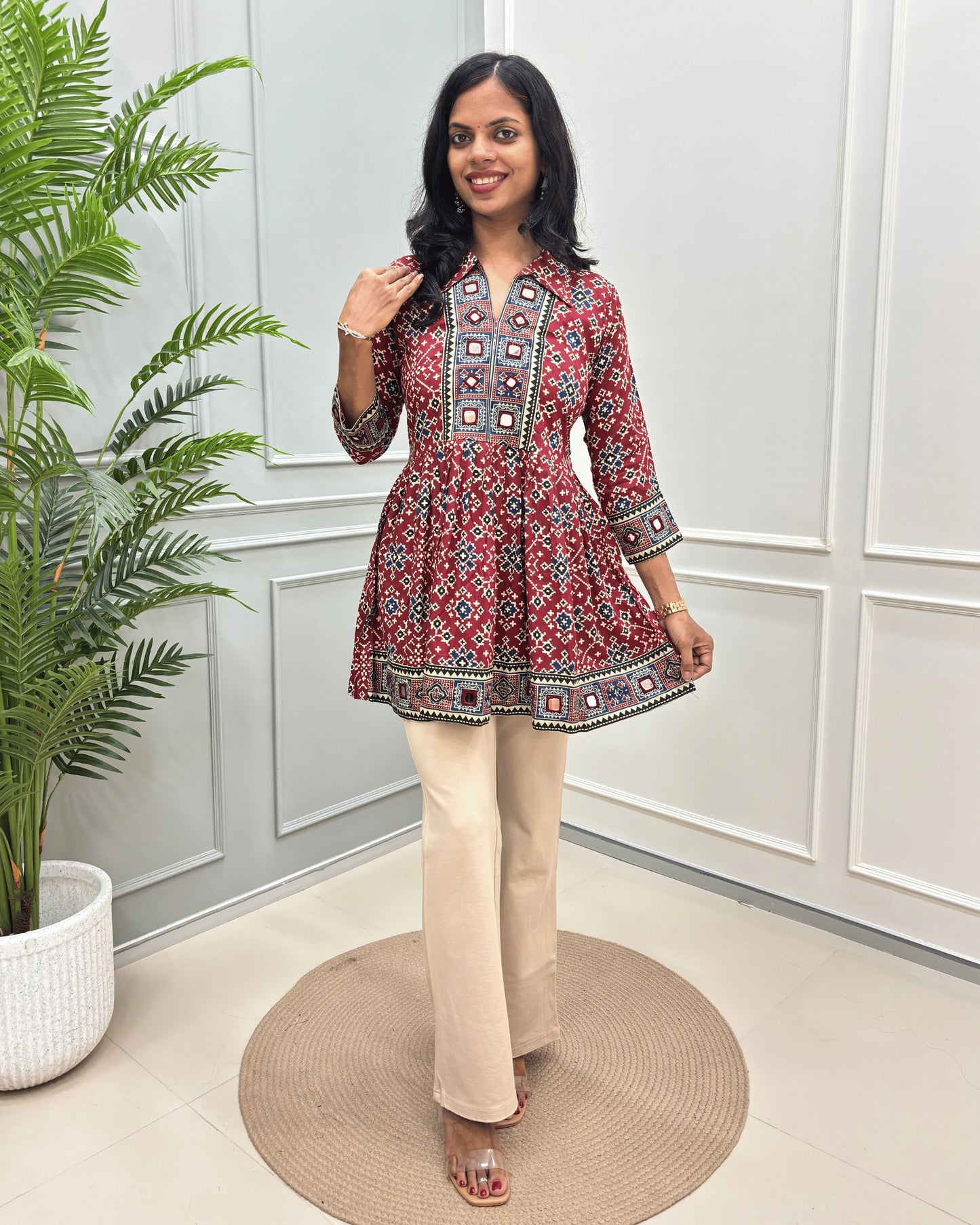 Deepika Patola Mirror Work Ajrakh Rayon Short Kurti