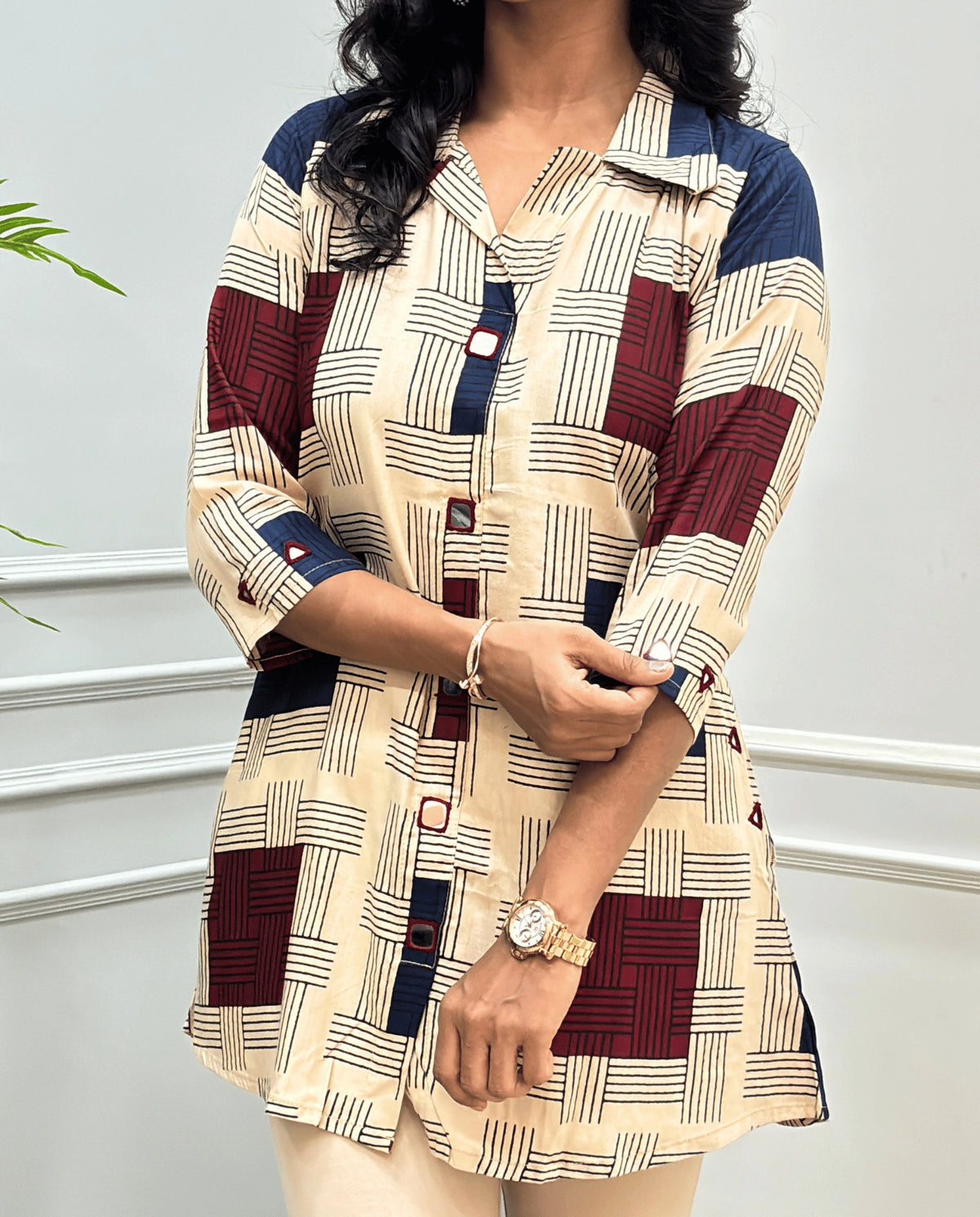 Shriya Stripes Mirror Work Ajrakh Rayon A-line Short Kurti