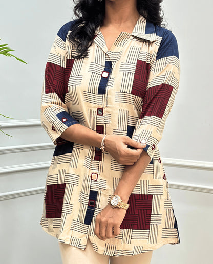 Shriya Stripes Mirror Work Ajrakh Rayon A-line Short Kurti