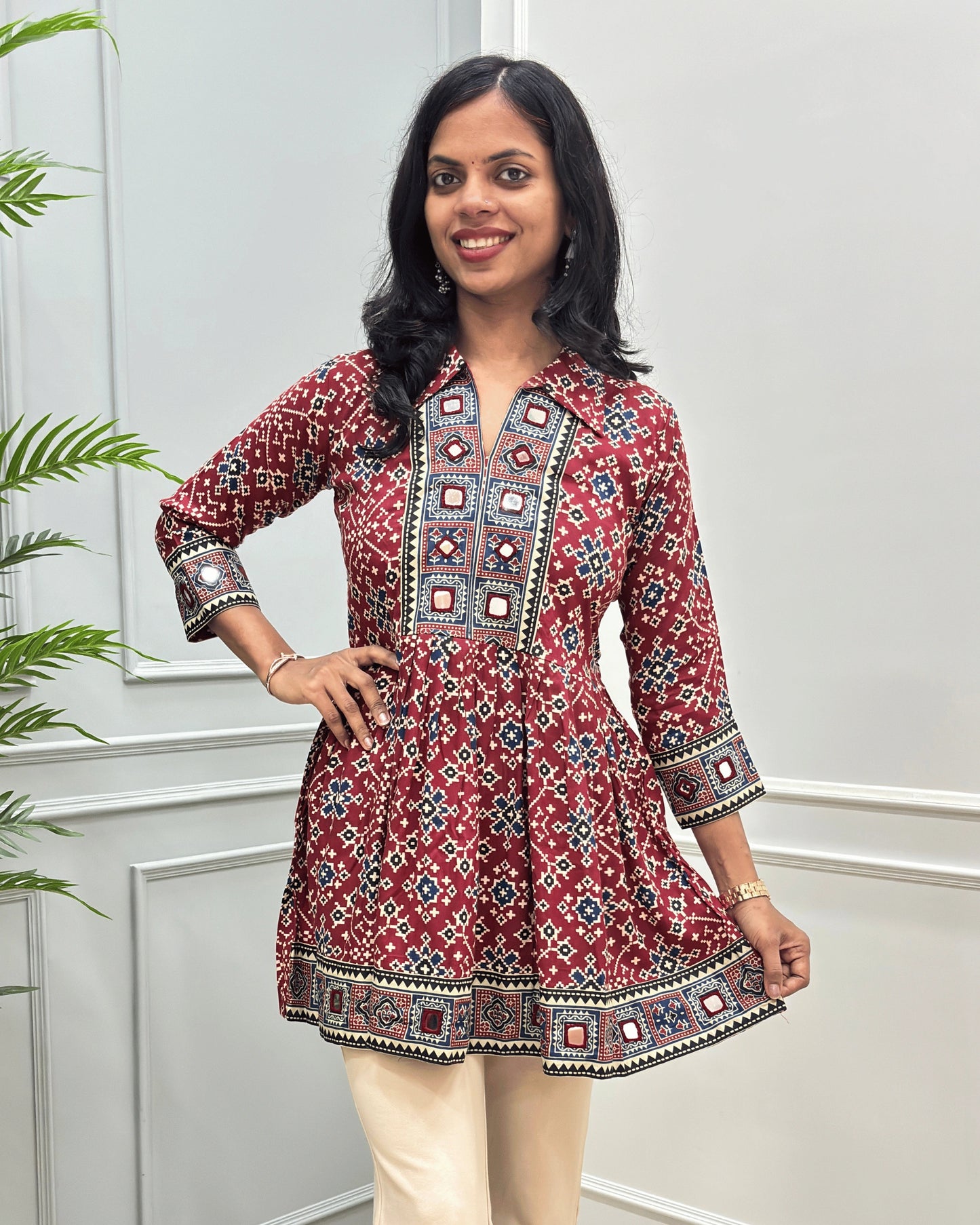 Deepika Patola Mirror Work Ajrakh Rayon Short Kurti