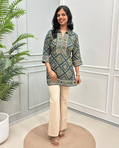 Saanjh Ajrakh Mirror Panel Short kurti