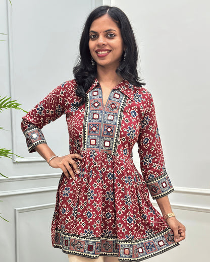 Deepika Patola Mirror Work Ajrakh Rayon Short Kurti