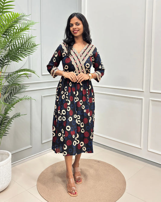 Sufia Mirror work Ajrakh Cotton Long Kurti
