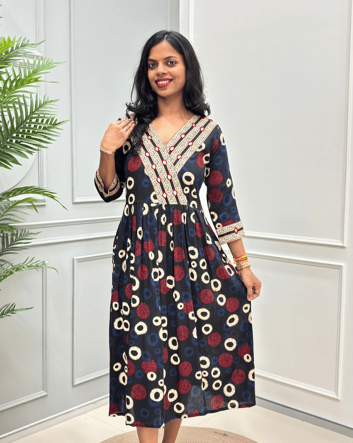 Sufia Mirror work Ajrakh Cotton Long Kurti