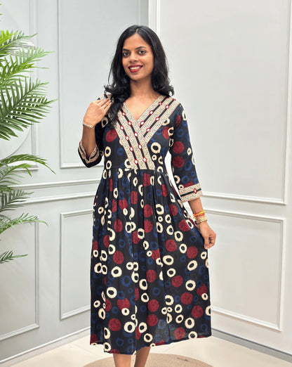 Sufia Mirror work Ajrakh Cotton Long Kurti