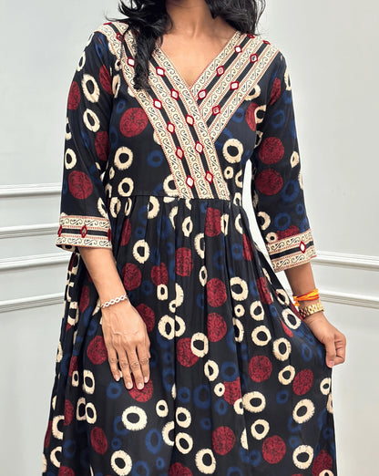 Sufia Mirror work Ajrakh Cotton Long Kurti