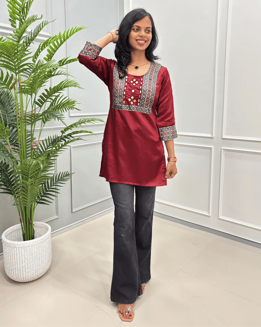 Trisha Mirror Work Mashru Silk Short Kurti