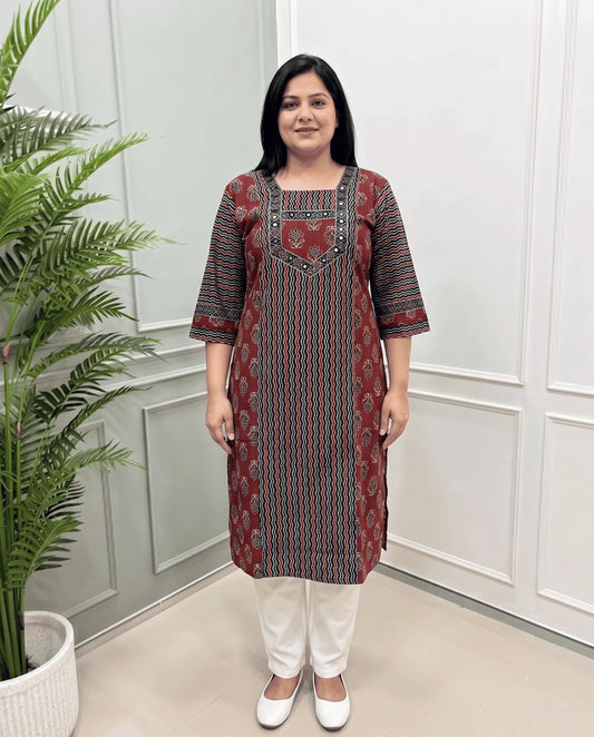 Aditi Plus Size Mirror Work Ajrakh Cotton Long Kurti