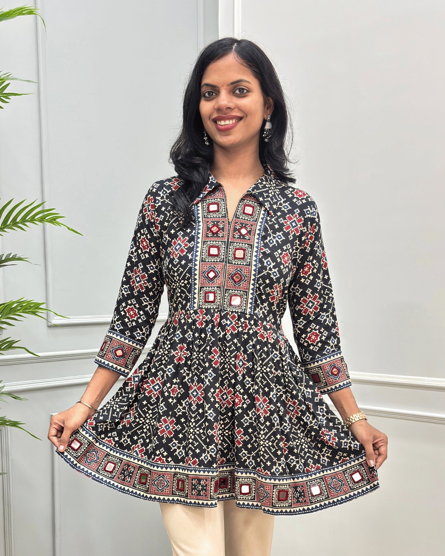 Deepika Patola Mirror Work Ajrakh Rayon Short Kurti
