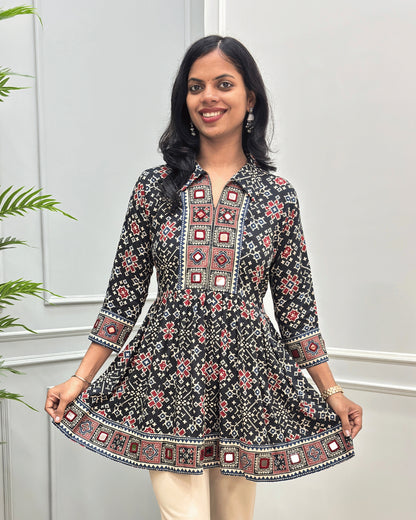 Deepika Patola Mirror Work Ajrakh Rayon Short Kurti