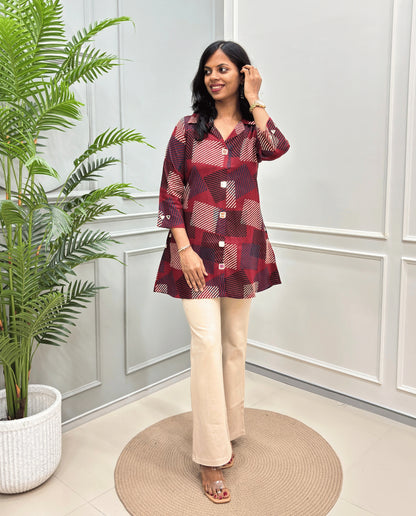 Shriya Stripes Mirror Work Ajrakh Rayon A-line Short Kurti