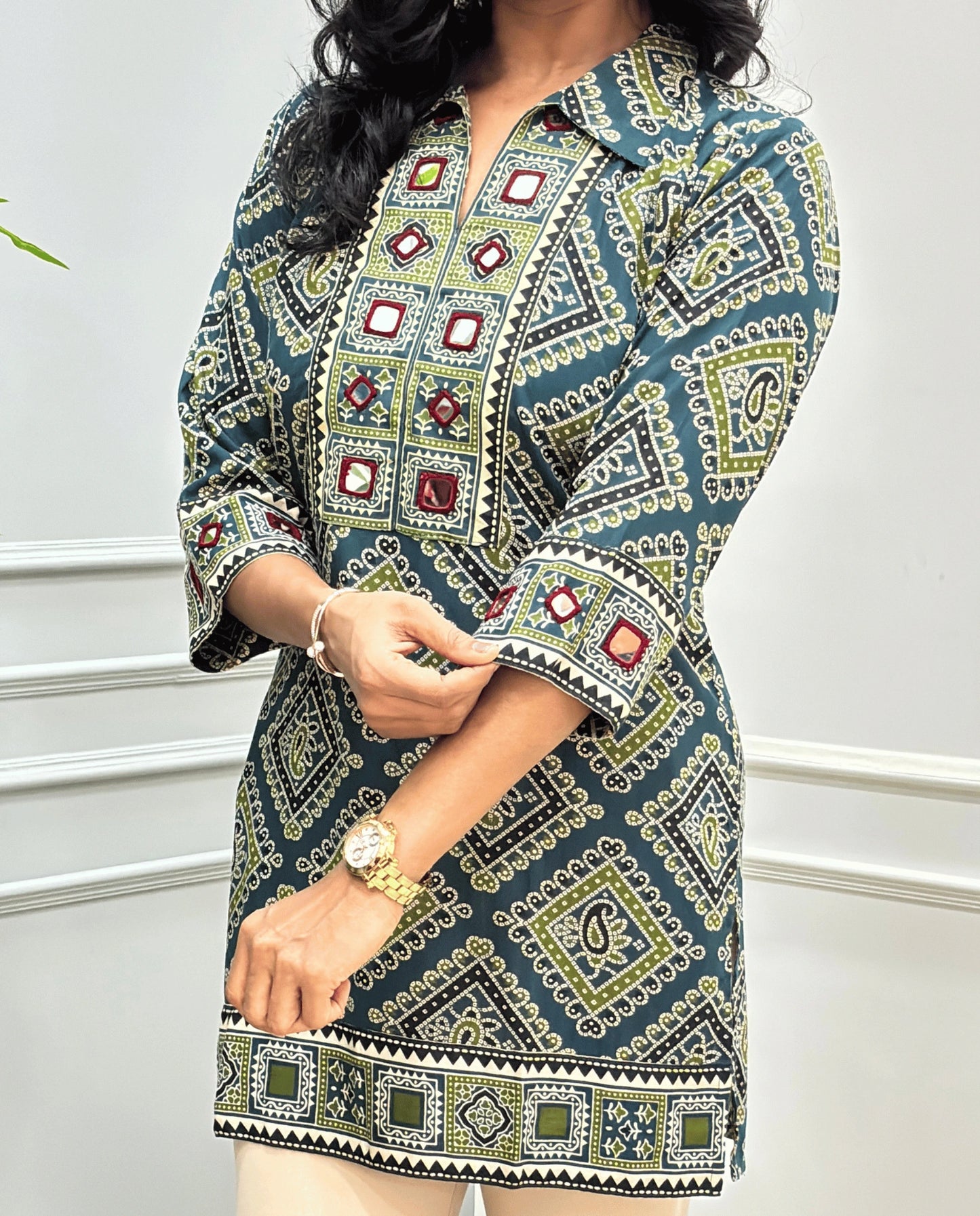 Saanjh Ajrakh Mirror Panel Short kurti