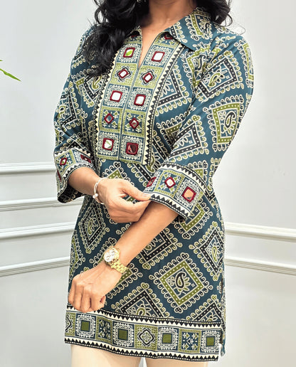 Saanjh Ajrakh Mirror Panel Short kurti