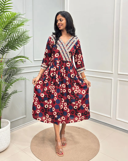 Sufia Mirror work Ajrakh Cotton Long Kurti
