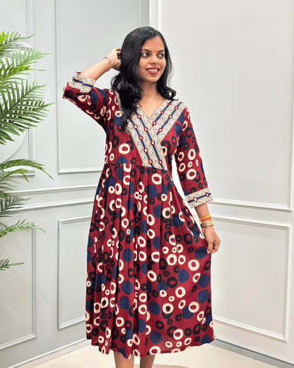 Sufia Mirror work Ajrakh Cotton Long Kurti