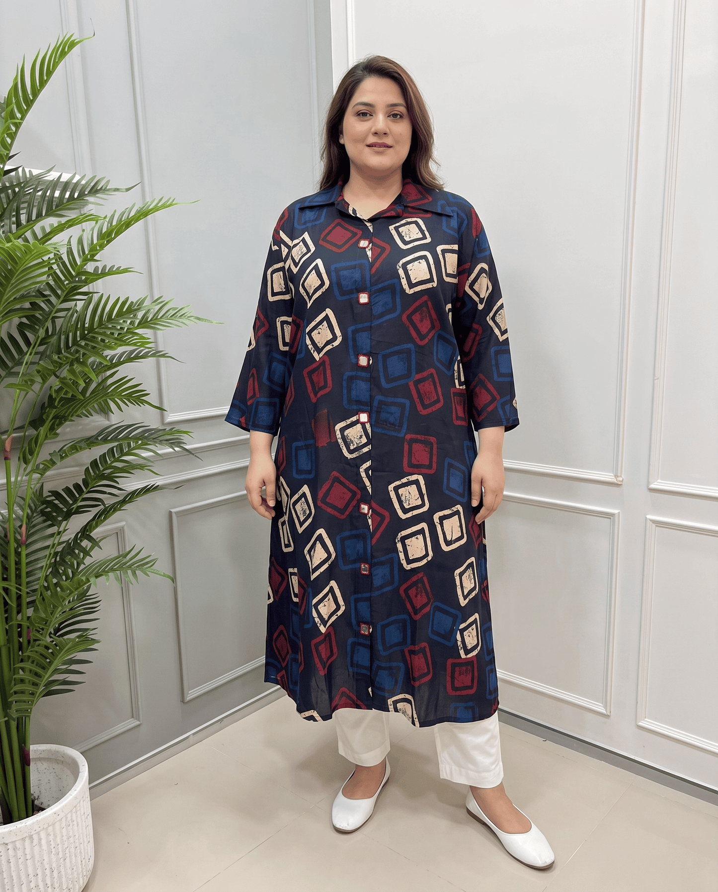 Shriya Plus Size Mirror Work Ajrakh Rayon A-line Long Kurti