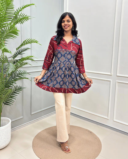 Mahira Peacock Ajrakh Short Kurti