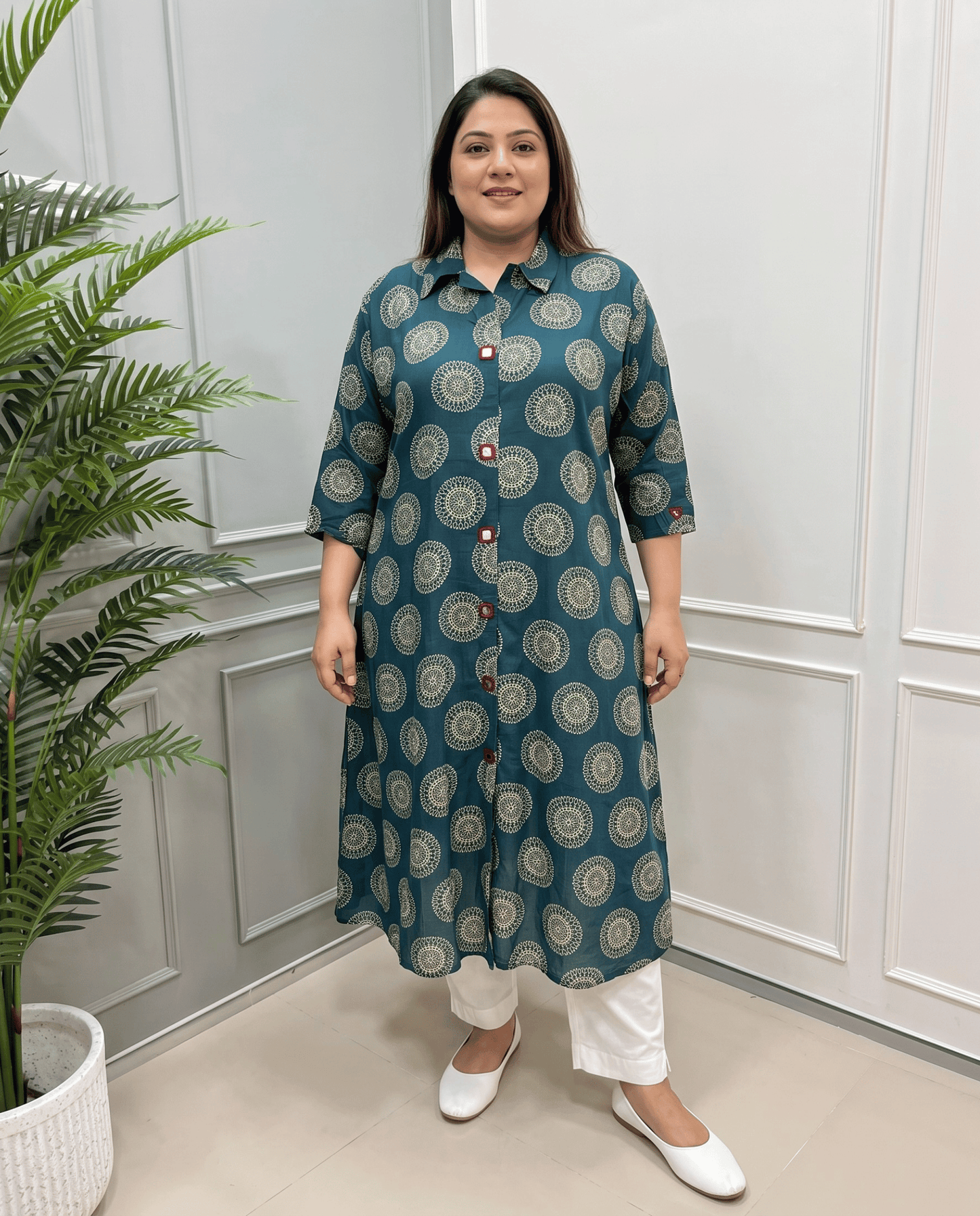 Shriya Plus Size Mirror Work Ajrakh Rayon A-line Long Kurti