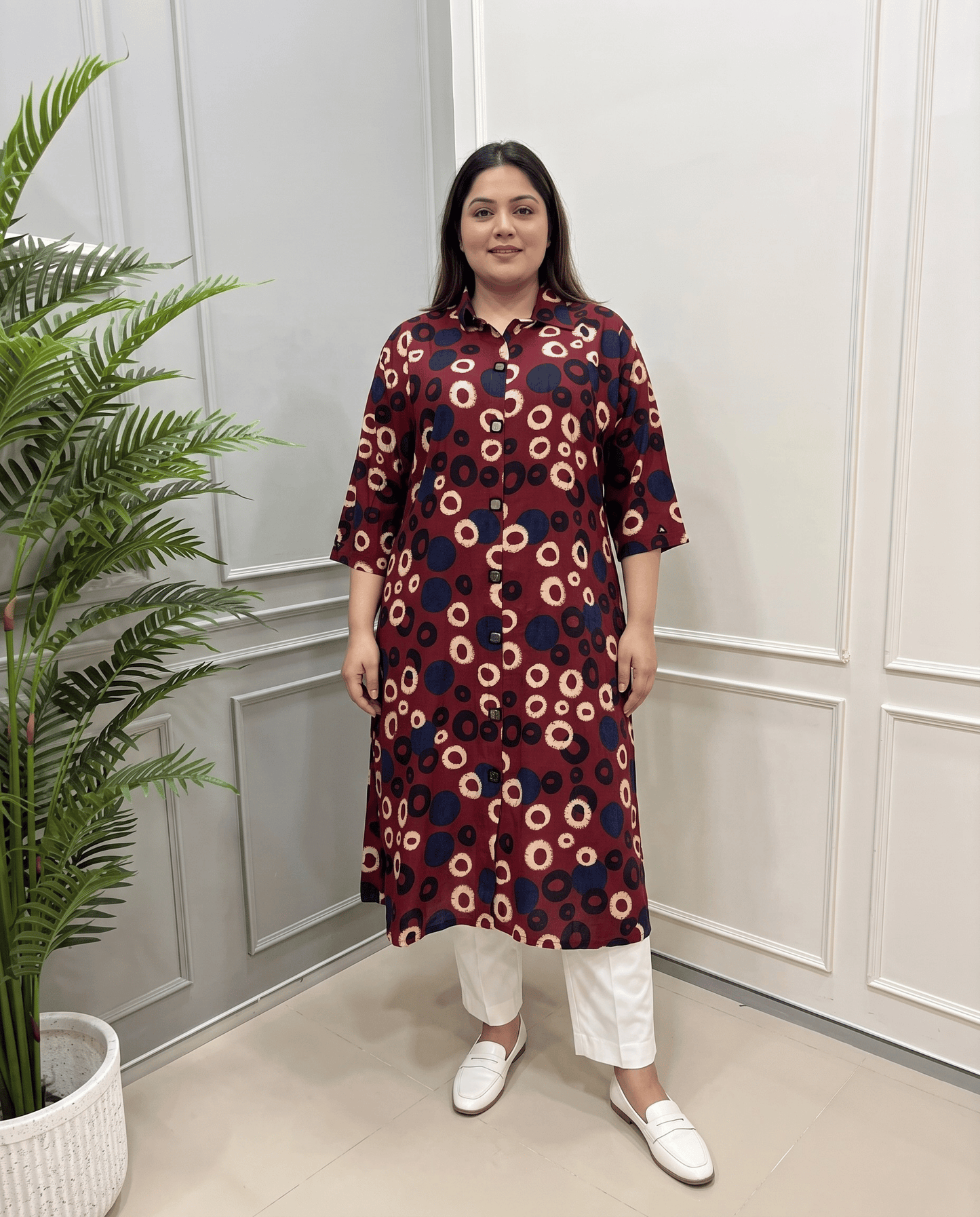 Shriya Plus Size Mirror Work Ajrakh Rayon A-line Long Kurti