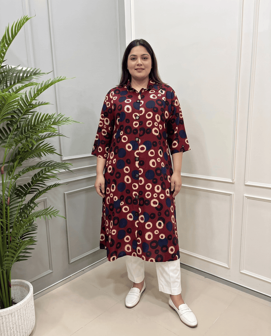 Shriya Plus Size Mirror Work Ajrakh Rayon A-line Long Kurti