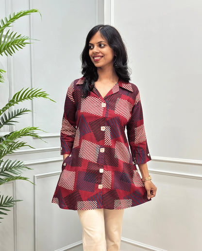 Shriya Stripes Mirror Work Ajrakh Rayon A-line Short Kurti