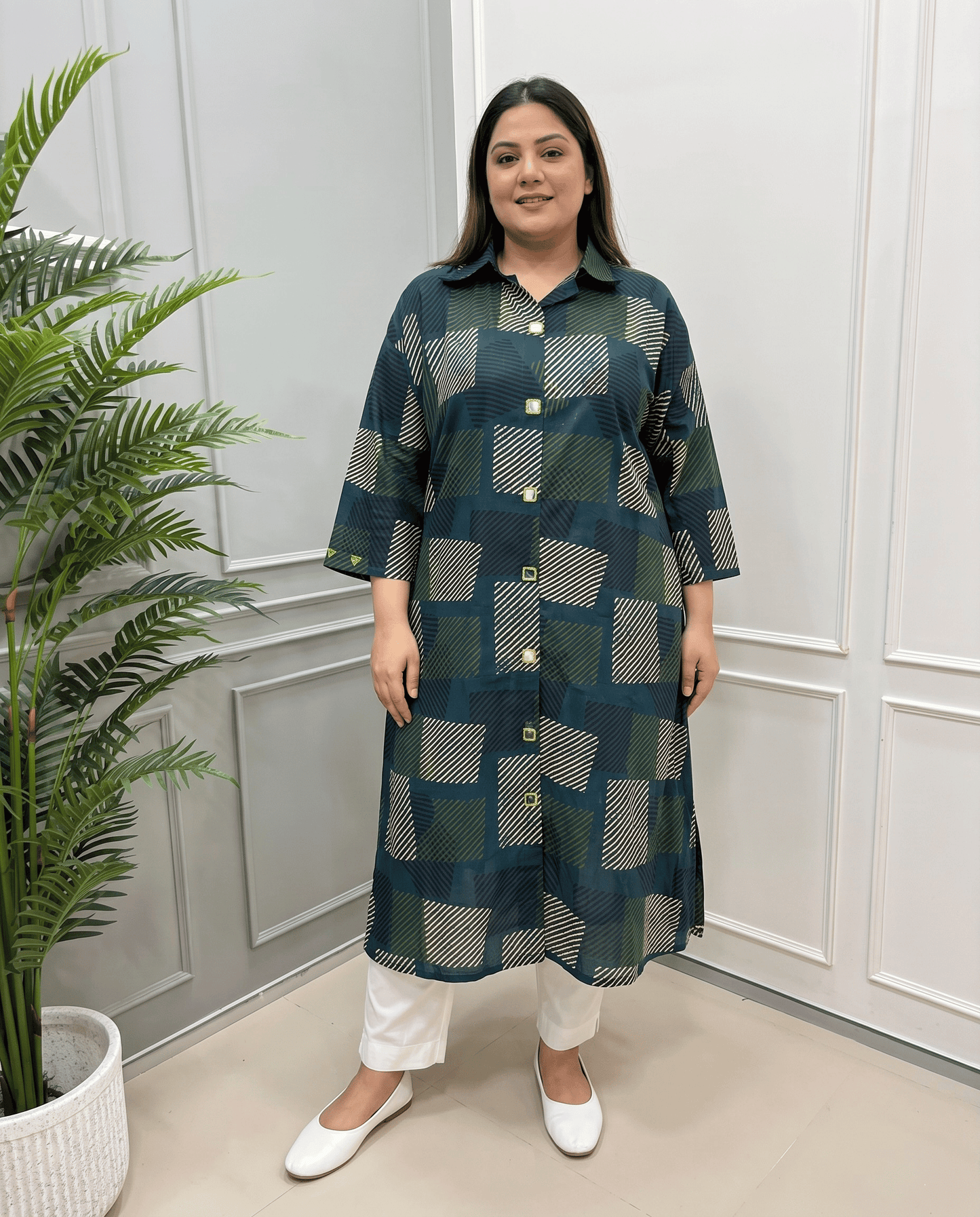 Shriya Plus Size Mirror Work Ajrakh Rayon A-line Long Kurti