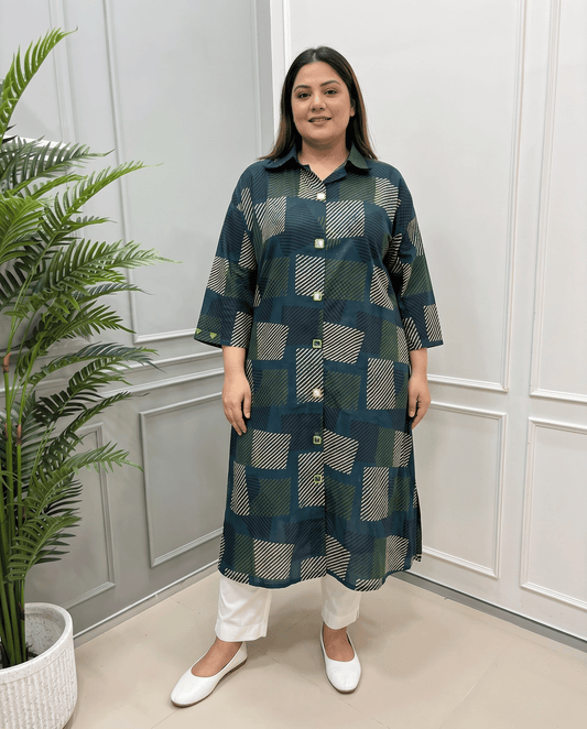 Shriya Plus Size Mirror Work Ajrakh Rayon A-line Long Kurti
