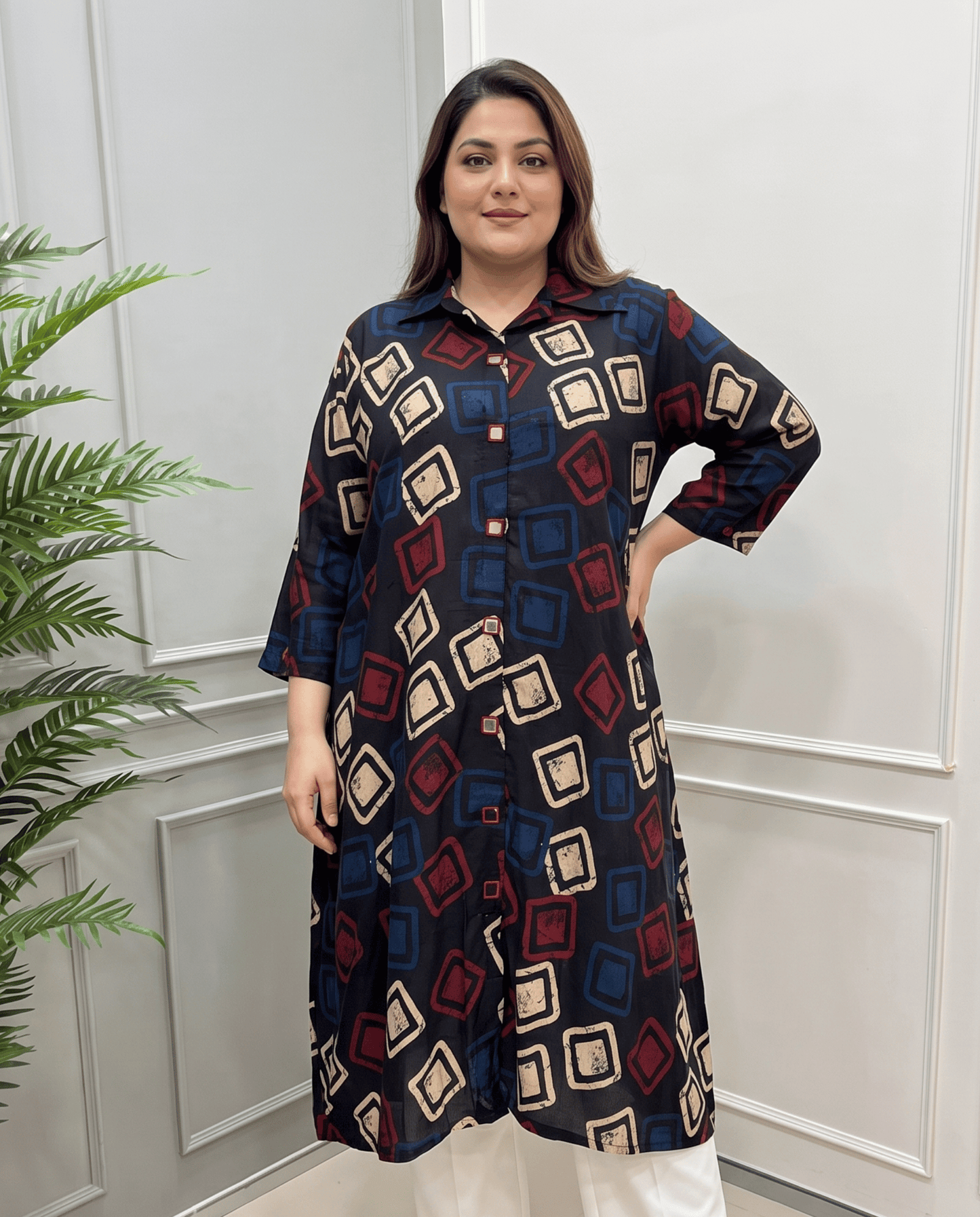 Shriya Plus Size Mirror Work Ajrakh Rayon A-line Long Kurti