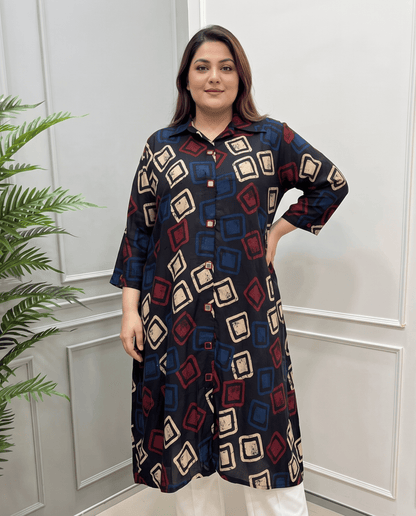 Shriya Plus Size Mirror Work Ajrakh Rayon A-line Long Kurti